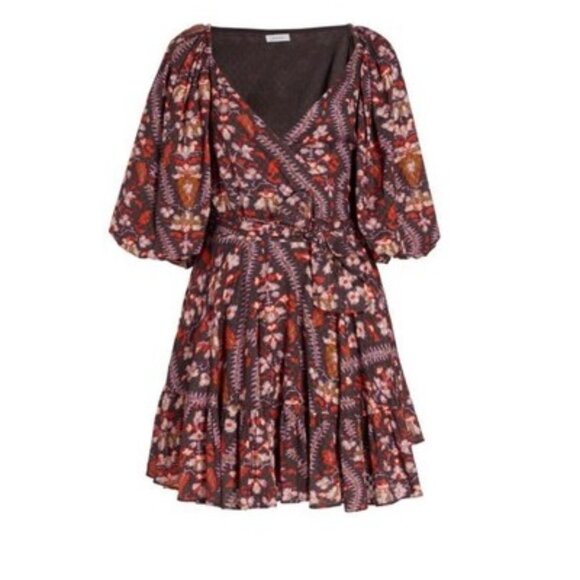 NEW RHODE DARYA WRAP AROUND MINI DRESS IN PLUMERIA CHOCOLATE PRINT SIZE XS - Picture 1 of 10